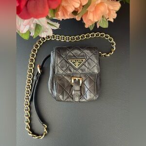 Mini Prada Quilted Leather Belt Pouch Bag Gold Tone Triangle Logo Accent.